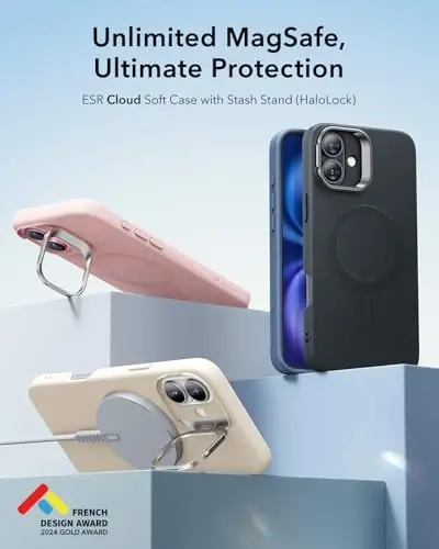 ESR для iPhone 16 Case, Silicone Case with Stand, Compatible with, Military-Grade Protection, Built-in Camera Stash Stand, Magnetic Phone Case for iPhone 16, Cloud Series, Black - 3