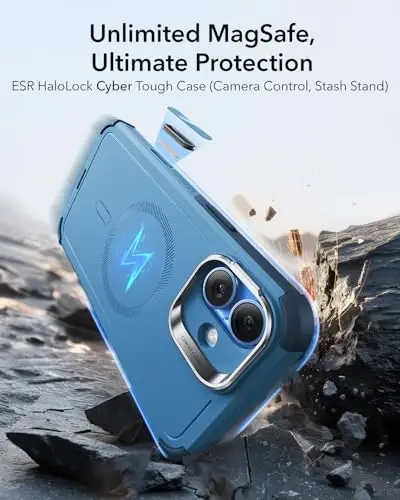 ESR для iPhone 16 Case with Stash Stand, Camera Control, 23FT Military-Grade Shock-Absorbing Drop Protection, Compatible with MagSafe Accessories, Magnetic Cyber Series, Light Blue - 2