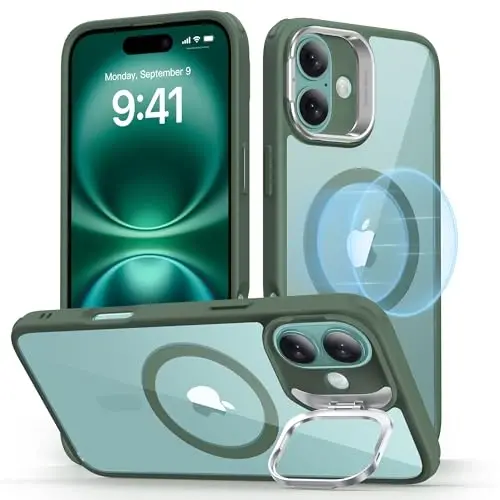 ESR для iPhone 16 Plus, совместимый с, противоударный чехол, встроенная подставка, устойчивая к царапинам задняя крышка, Classic Series, прозрачный зеленый - 1