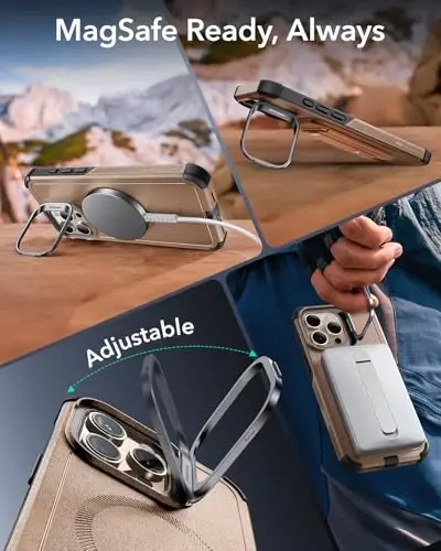 ESR для iPhone 16 Pro Case с подставкой Stash, управлением камерой, защита от падения по военному стандарту 23FT, совместимость с аксессуарами MagSafe, магнитная серия Cyber, Gold - 6