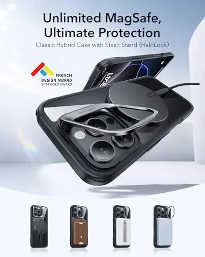 ESR для iPhone 16 Pro Case, совместимый с MagSafe, защитный чехол военного класса, встроенная подставка для хранения, устойчивая к царапинам задняя крышка, классическая серия, прозрачный черный - 3