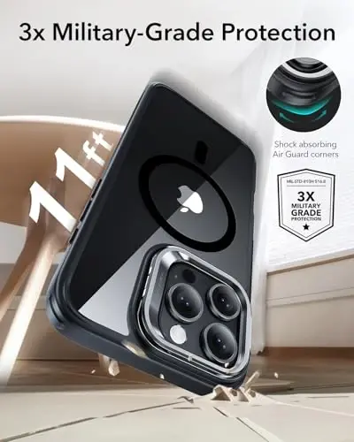 ESR для iPhone 16 Pro Case, совместимый с MagSafe, защитный чехол военного класса, встроенная подставка для хранения, устойчивая к царапинам задняя крышка, классическая серия, прозрачный черный - 4