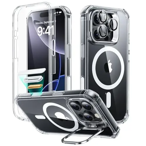 ESR для iPhone 16 Pro Case with Stand, Camera Control Button Compatible with MagSafe, Full-Body Military-Grade Drop Proof Case with Built-in 9H+ Tempered Glass Screen Protector, Clear 