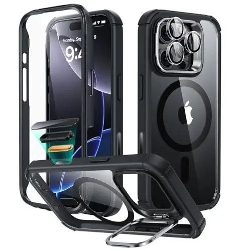 ESR для iPhone 16 Pro чехол с подставкой, кнопка управления камерой, совместим с MagSafe, противоударный чехол военного класса, встроенная защитная пленка из закаленного стекла 9H+, прозрачный черный 