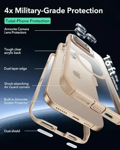 ESR для iPhone 16 Pro Чехол с подставкой, кнопка управления камерой Совместимость с MagSafe, защита от падений военного класса для всего тела со встроенной защитной пленкой экрана из закаленного стекла 9H+, прозрачное золото - 5