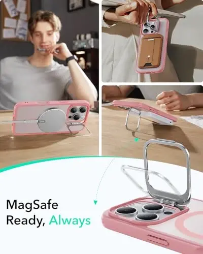 ESR для iPhone 16 Pro, чехол, совместимый с MagSafe, защитный чехол военного класса, встроенная подставка для тайника, чехол для телефона, устойчивая к царапинам задняя крышка, классическая серия, матовый розовый - 3
