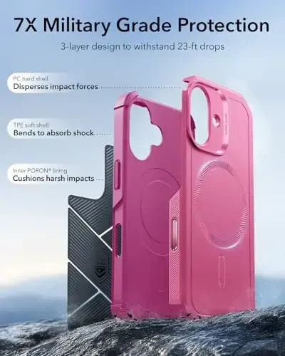 ESR для iPhone 17 Case, 7X Military-Grade Drop Protection, Shock-Absorbing Rugged Cover with Camera Control Button, MagSafe Accessories Compatible, Cyber Series, Rosy Pink - 5
