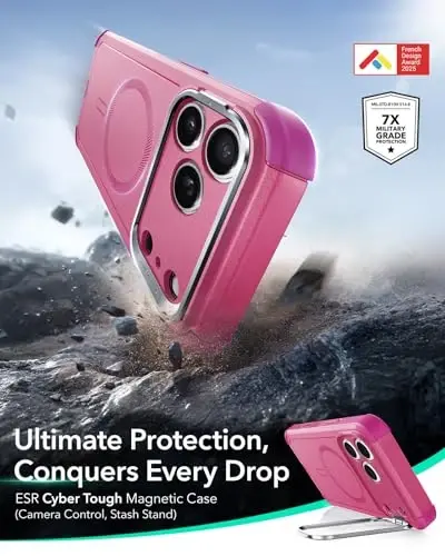 ESR для iPhone 17 Pro Case со Stash Stand, 7X Military-Grade Drop Protection с управлением камерой, Shock-Absorbing Phone Rugged Cover, совместимый с аксессуарами MagSafe, Cyber Series, Pink - 1