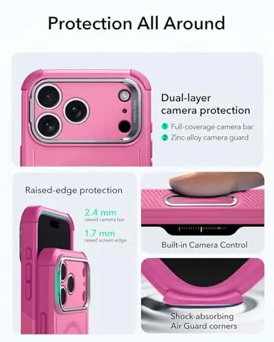 ESR для iPhone 17 Pro Case со Stash Stand, 7X Military-Grade Drop Protection с управлением камерой, Shock-Absorbing Phone Rugged Cover, совместимый с аксессуарами MagSafe, Cyber Series, Pink - 4