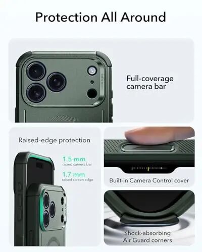ESR для iPhone 17 Pro Max Case, 7X Military-Grade Drop Protection, Shock-Absorbing Rugged Cover with Camera Control Button, MagSafe Accessories Compatible, Cyber Series, Olive Green - 2