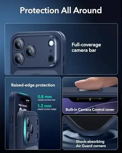 ESR для iPhone 17 Pro Max Чехол, Управление Камерой, Совместимость с MagSafe, Ударопрочная Защита Военного Класса, Магнитный Чехол для iPhone 17 Pro Max, Классический Гибридный Чехол, Матовый Синий - 3