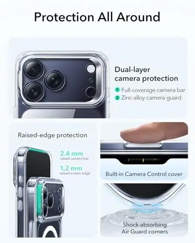 ESR для iPhone 17 Pro Max с подставкой для хранения, крышкой управления камерой, совместимой с MagSafe, чехлом для телефона с защитой от падений военного класса для iPhone 17 Pro Max, устойчивой к царапинам задней крышкой, прозрачный - 3