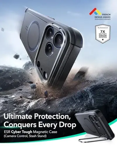 ESR для iPhone 17 Pro Max с подставкой Stash Stand, защита от падений военного класса 7X с управлением камерой, прочный противоударный чехол, совместимый с аксессуарами MagSafe, Cyber Series, черный - 3