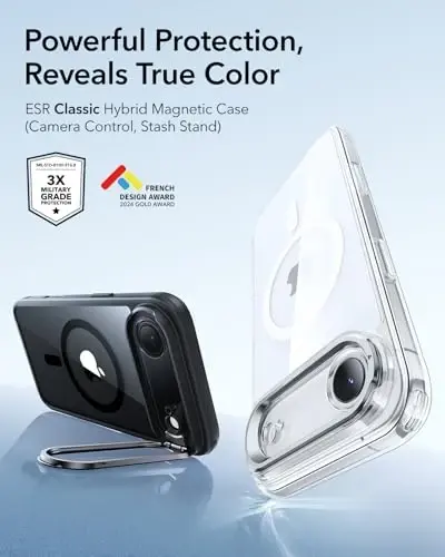 ESR для iPhone Air Case с подставкой, чехол с управлением камерой, совместимый с MagSafe, противоударный магнитный чехол для iPhone 17 Air Case военного класса, устойчивая к царапинам задняя крышка, прозрачный черный - 5