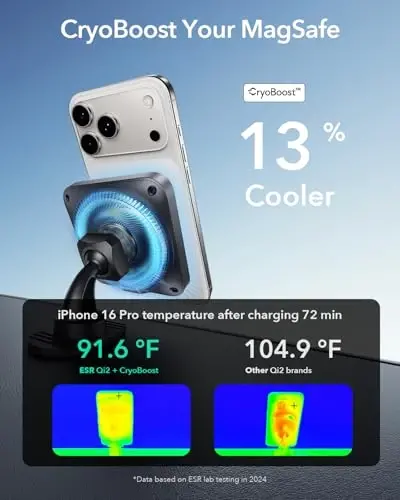 ESR для Qi2 15W MagSafe Автомобильное зарядное устройство с CryoBoost, Охлаждающее MagSafe Автомобильное зарядное устройство для телефона, Беспроводная зарядка для iPhone 17/16/15/14/13/12, S25 Series, Pixel 10, Быстрое зарядное устройство - 4