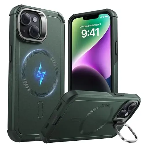 ESR for iPhone 13 and iPhone 14 Case with Stand, 23 ft Military-Grade Drop Protection Heavy Duty Magnetic Phone Case, Compatible with MagSafe Accessories, Cyber Series, Green 