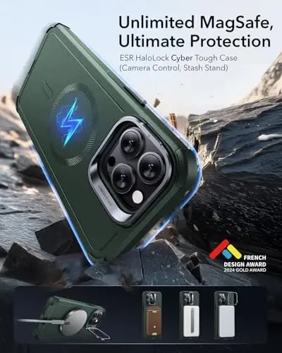 ESR for iPhone 13 Pro Case with Stand, 23 ft Military-Grade Drop Protection Heavy Duty Magnetic Phone Case, Compatible with MagSafe Accessories, Cyber Series, Green - ESR (1)