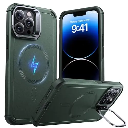 ESR for iPhone 13 Pro Max Case with Stand, 23 ft Military-Grade Drop Protection Heavy Duty Magnetic Phone Case, Compatible with MagSafe Accessories, Cyber Series, Green - 3