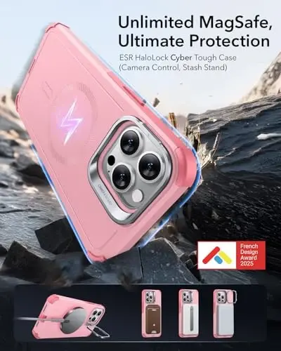 ESR for iPhone 13 Pro Max Case with Stand, 23 ft Military-Grade Drop Protection Heavy Duty Magnetic Phone Case, Compatible with MagSafe Accessories, Cyber Series, Pink - 2