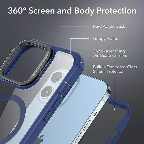 ESR for iPhone 13 Pro Max Case with Stand, Compatible with MagSafe, Full-Body Military-Grade Drop Proof Case with Built-in 9H+ Tempered Glass Screen Protector, Armor Series, Clear Dark Blue - 3