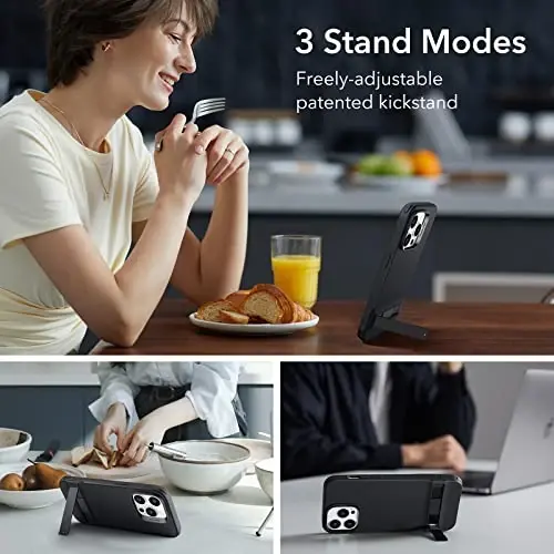 ESR for iPhone 14 Pro Case, 3 Stand Modes, Military-Grade Drop Protection, Supports Wireless Charging, Slim Back Cover with Stand, Phone Case for iPhone 14 Pro, Metal Kickstand Case, Black - 3