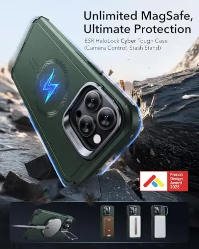 ESR for iPhone 14 Pro Case with Stand, 23 ft Military-Grade Drop Protection Heavy Duty Magnetic Phone Case, MagSafe Аксессуарлари билан мос, Cyber Series, Green - ESR (1)