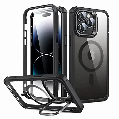 ESR for iPhone 14 Pro Case with Stand, Compatible with MagSafe, Full-Body Military-Grade Drop Proof Case with Built-in 9H+ Tempered Glass Screen Protector, Armor Series, Clear Black - 1
