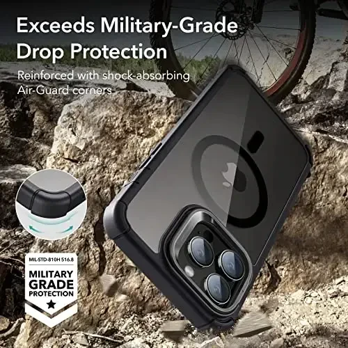 ESR for iPhone 14 Pro Case with Stand, Compatible with MagSafe, Full-Body Military-Grade Drop Proof Case with Built-in 9H+ Tempered Glass Screen Protector, Armor Series, Clear Black - 3