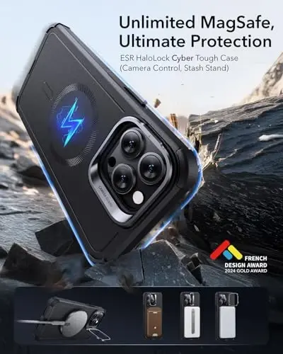 ESR for iPhone 14 Pro Max uchun gʻilof stend bilan, 23 fut harbiy darajadagi tushishdan himoya qiluvchi ogʻir magnit telefon gʻilofi, MagSafe aksessuarlari bilan mos keladi, Cyber Series, qora - 2
