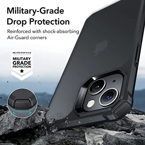 ESR for iPhone 14/iPhone 13 Case, Harbiy darajadagi himoya zarbani yutuvchi burchaklar bilan, tirnalishga chidamli va sarg'ayishga qarshi akril orqa, ingichka himoya telefon qutisi, Air-Armor Series, muzlatilgan qora - 3