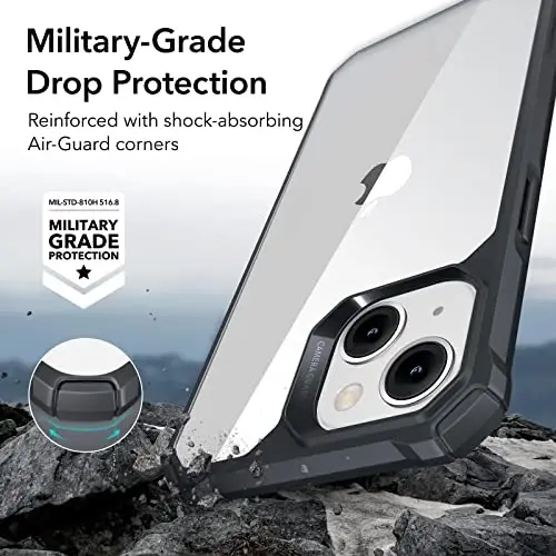 ESR for iPhone 14/iPhone 13 Case, Harbiy darajadagi himoya, zarbani yutuvchi burchaklar, tirnalishga chidamli va sarg'ayishga qarshi akril orqa, ingichka himoya telefon qutisi, Air-Armor seriyasi, toza qora - 3