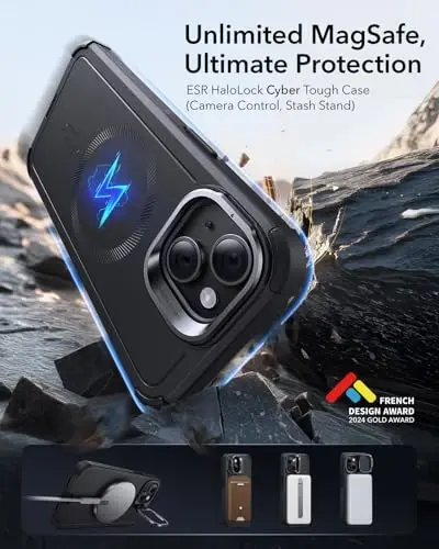 ESR for iPhone 14/iPhone 13 Case with Stand, 23 ft harbiy darajadagi tushishdan himoya kuchli magnitli telefon gʻilofi, MagSafe aksessuarlari bilan mos, Cyber Series, qora - 2