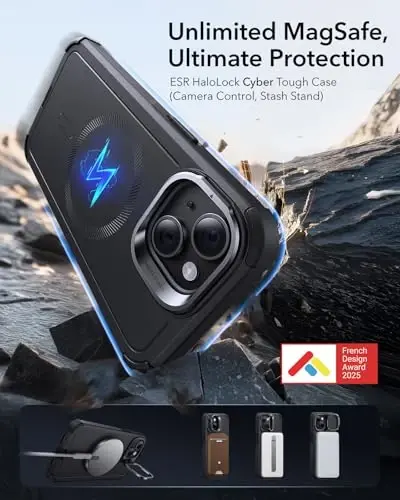 ESR for iPhone 14/iPhone 13 Case with Stand, 23 ft harbiy darajadagi tushishdan himoya kuchli magnitli telefon gʻilofi, MagSafe aksessuarlari bilan mos, Cyber Series, qora - 2