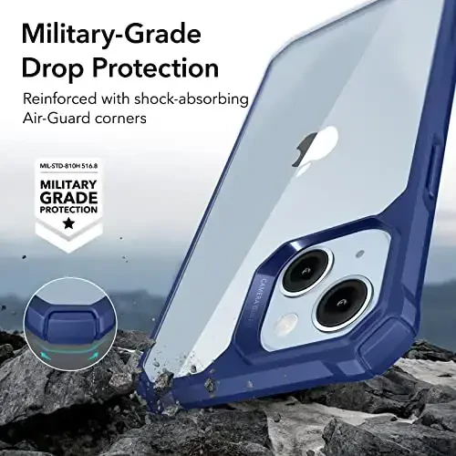 ESR for iPhone 14/iPhone 13 Case, zarbani himoya bilan harbiy darajadagi himoya, tirnalishga chidamli va sarg'ayishga qarshi akril orqa, ingichka himoya telefon qutisi, Air-Armor Series, tiniq ko'k - 3