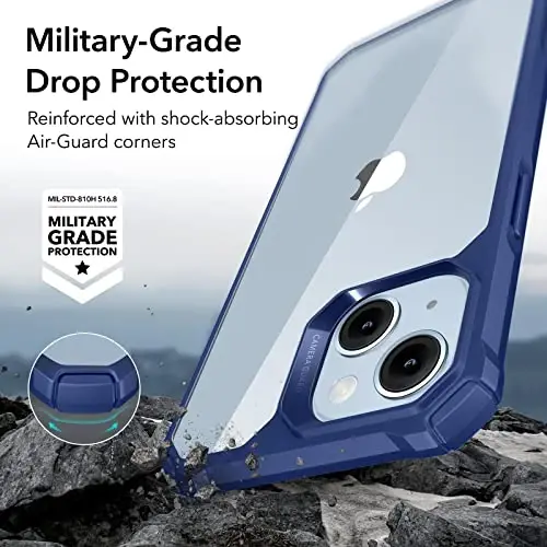 ESR for iPhone 14/iPhone 13 Case, zarbani himoya bilan harbiy darajadagi himoya, tirnalishga chidamli va sarg'ayishga qarshi akril orqa, ingichka himoya telefon qutisi, Air-Armor Series, tiniq ko'k - 3