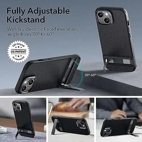 ESR for iPhone 15 Case, Metal Kickstand Case, 3 Stand Modes, Military-Grade Drop Protection, Supports Wireless Charging, Slim Back Cover with Patented Kickstand, Boost Series, Black - 3