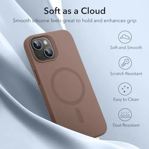 ESR for iPhone 15 Case with MagSafe, Supports Magnetic Charging, Slim Liquid Silicone Case, Shock Absorbing, Screen and Camera Protection, Cloud Series, Brown - 6