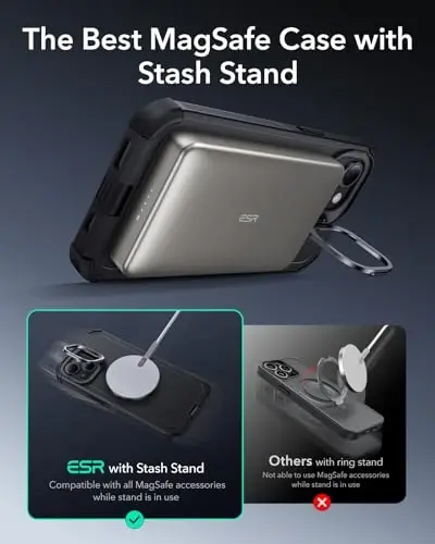 ESR for iPhone 15 Case with Stand, 23 ft Military-Grade Drop Protection Heavy Duty Magnetic Phone Case, Compatible with MagSafe Accessories, Cyber Series, Black - 4