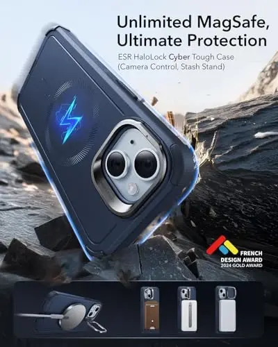 ESR for iPhone 15 Case with Stand, 23 ft Military-Grade Drop Protection Heavy Duty Magnetic Phone Case, Compatible with MagSafe Accessories, Cyber Series, Blue - ESR (1)