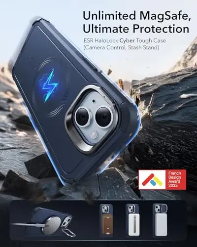 ESR for iPhone 15 Case with Stand, 23 ft Military-Grade Drop Protection Heavy Duty Magnetic Phone Case, Compatible with MagSafe Accessories, Cyber Series, Blue - 2