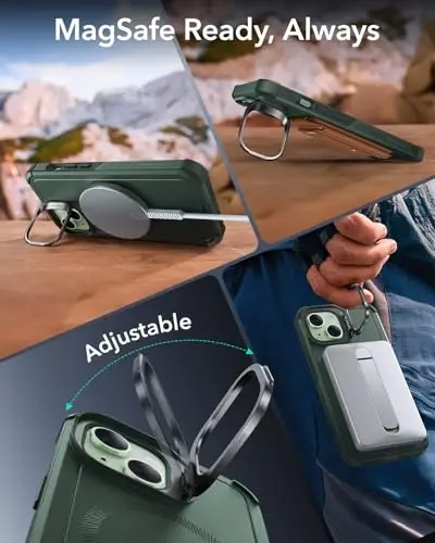 ESR for iPhone 15 Case with Stand, 23 ft Military-Grade Drop Protection Heavy Duty Magnetic Phone Case, Compatible with MagSafe Accessories, Cyber Series, Green - 5