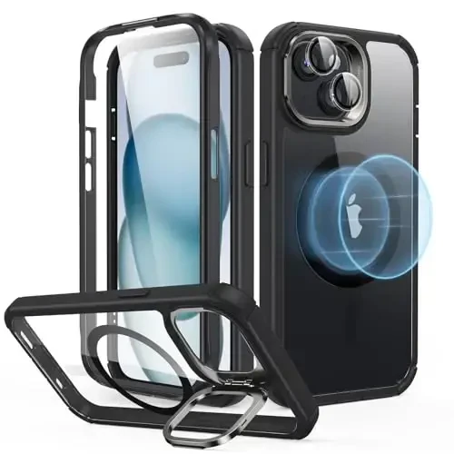 ESR for iPhone 15 Case with Stand, Compatible with MagSafe, Full-Body Military-Grade Drop Proof Case with Built-in 9H+ Tempered Glass Screen Protector, Armor Series, Clear Black - ESR