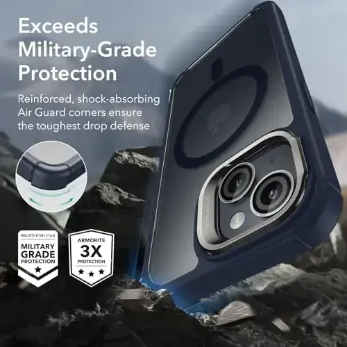 ESR for iPhone 15 Case with Stand, Compatible with MagSafe, Full-Body Military-Grade Drop Proof Case with Built-in 9H+ Tempered Glass Screen Protector, Armor Series, Clear Dark Blue - 4