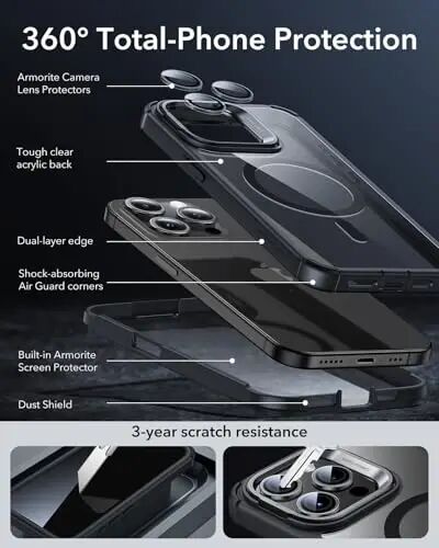 ESR for iPhone 15 Plus Case with Stand, Compatible with MagSafe, Full-Body Military-Grade Drop Proof Case with Built-in 9H+ Tempered Glass Screen Protector, Armor Series, Clear Black - 5