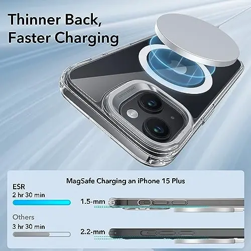 ESR for iPhone 15 Plus korpusi, MagSafe bilan mos, Harbiy darajali himoya qobiq, O‘rnatilgan yashirin stend telefon qobig‘i, Chizilishga chidamli orqa qopqoq, Klassik seriya, Shaffof - 3