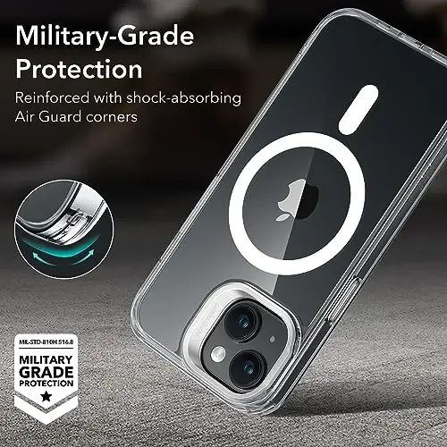 ESR for iPhone 15 Plus korpusi, MagSafe bilan mos, Harbiy darajali himoya qobiq, O‘rnatilgan yashirin stend telefon qobig‘i, Chizilishga chidamli orqa qopqoq, Klassik seriya, Shaffof - 6