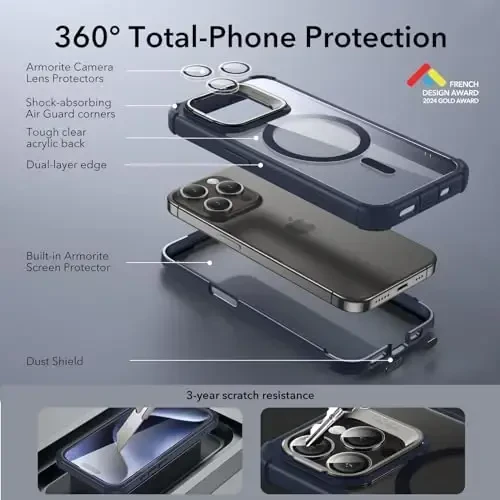 ESR for iPhone 15 Pro Case, Compatible with MagSafe, Full-Body Military-Grade Drop Proof Case for iPhone 15 Pro with Built-in 9H+ Tempered Glass Screen Protector and Stand, Clear Dark Blue - 3
