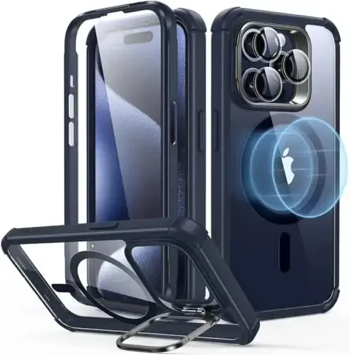 ESR for iPhone 15 Pro Case, Compatible with MagSafe, Full-Body Military-Grade Drop Proof Case for iPhone 15 Pro with Built-in 9H+ Tempered Glass Screen Protector and Stand, Clear Dark Blue - 4