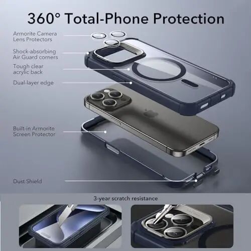 ESR for iPhone 15 Pro Case, Compatible with MagSafe, Full-Body Military-Grade Drop Proof Case for iPhone 15 Pro with Built-in 9H+ Tempered Glass Screen Protector and Stand, Clear Dark Blue - 1