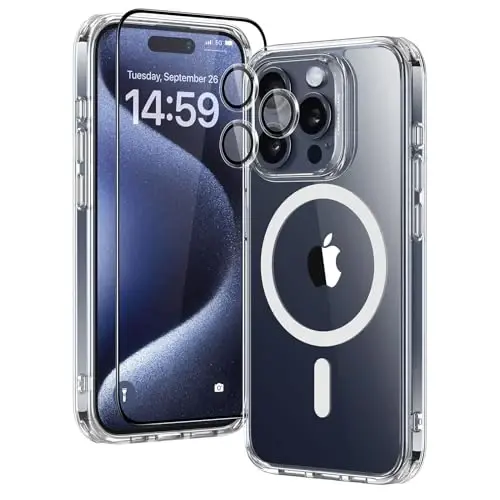 ESR for iPhone 15 Pro Case Set, 1 Tempered-Glass Screen Protector, 1 Set of Lens Protectors, Military-Grade Protection, Yellowing and Scratch Resistant MagSafe Phone Case, Classic Series, Clear - 1